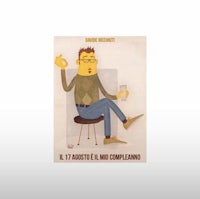 a poster with a man sitting on a chair and holding a drink