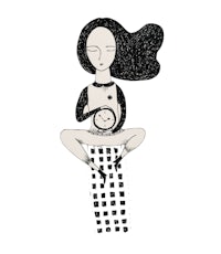 a black and white drawing of a woman holding a clock