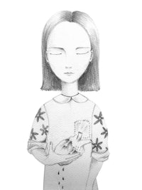 a drawing of a girl holding a bird